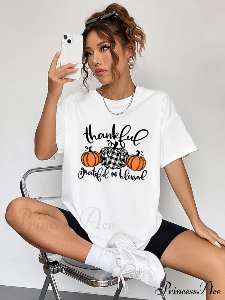 With Fall Graphic T-Shirt Neck Thanksgiving Round Season And Brief Sleeves Women’s Clothing