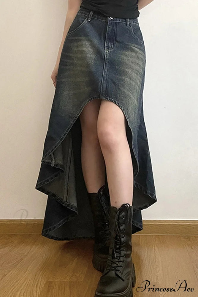 With Irregular Skirt Denim Distressed High Rise Wash Blue / M Skirts