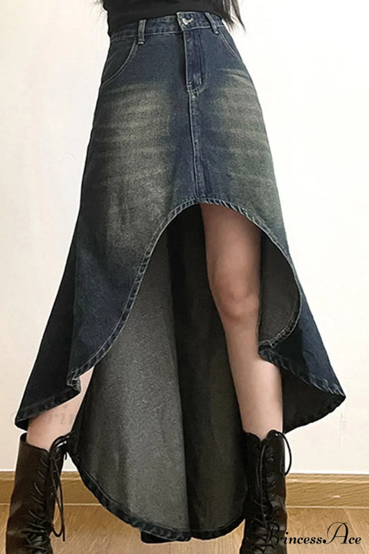 With Irregular Skirt Denim Distressed High Rise Wash Blue / S Skirts