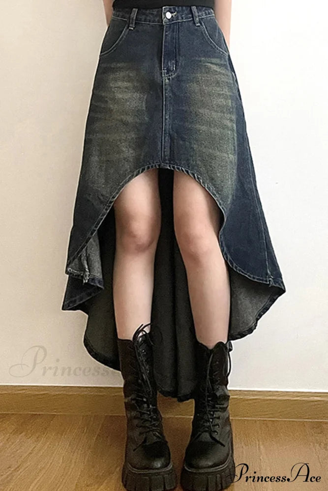 With Irregular Skirt Denim Distressed High Rise Wash Skirts