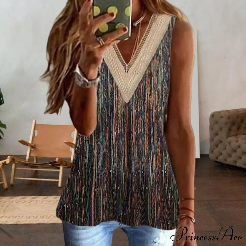 With Lace Tank Vintage Top V-Neck Blouses