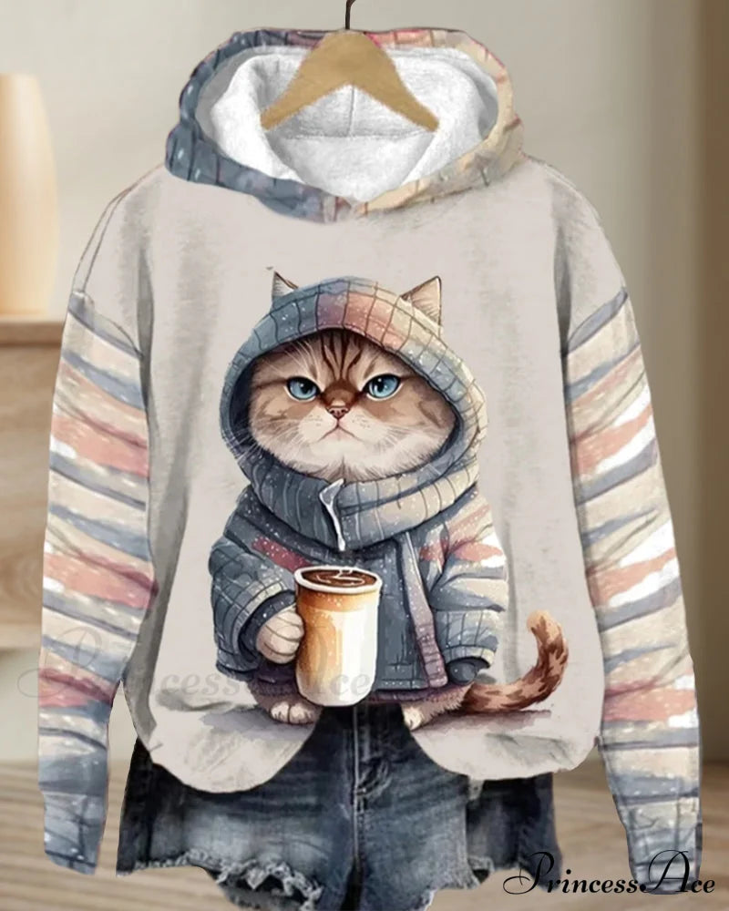 With Long-Sleeved Hoodie Cat Pattern Sweatshirts & Hoodies-L