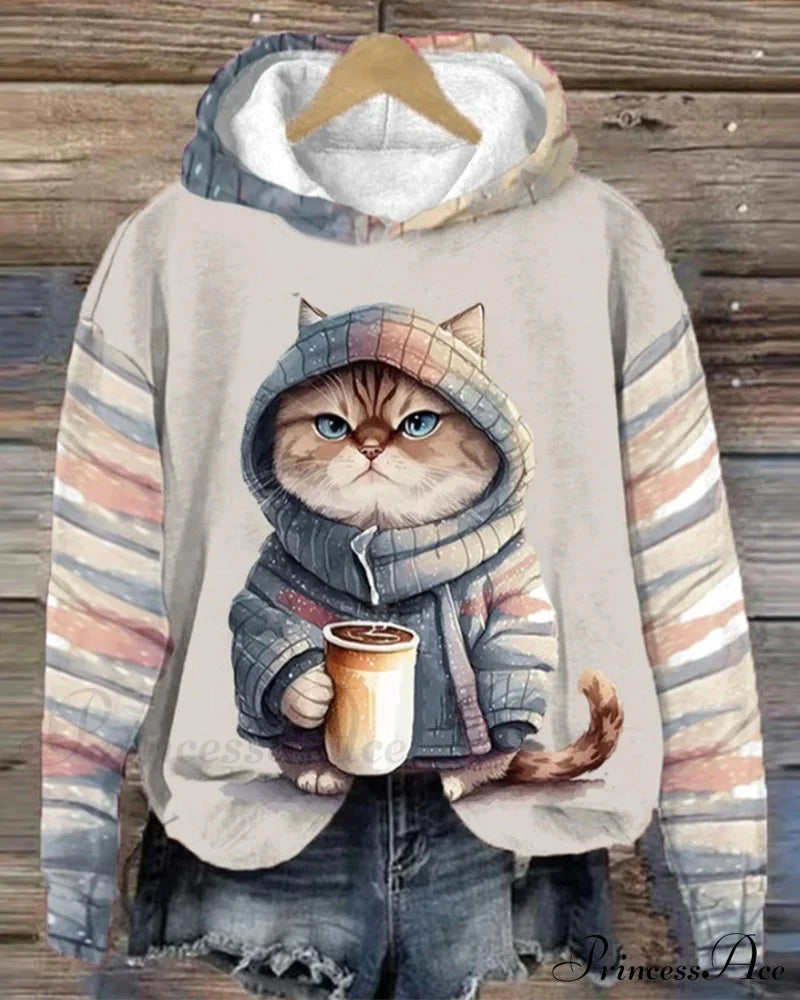 With Long-Sleeved Hoodie Cat Pattern Sweatshirts & Hoodies-L