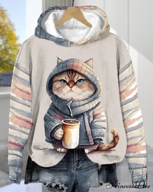 With Long-Sleeved Hoodie Cat Pattern Sweatshirts & Hoodies-L