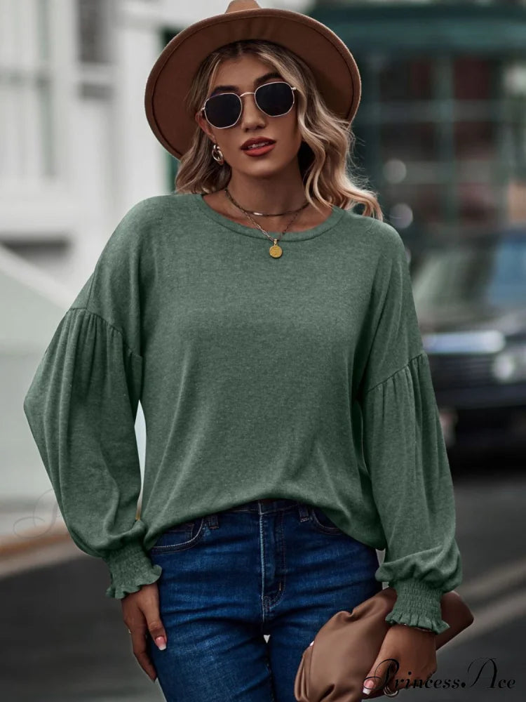 Round Neck Dropped Shoulder Flounce Sleeve T-Shirt Sage clothes D&Yi long sleeve shirts long sleeve top Ship From Overseas Shipping Delay 09/29/2023 - 10/04/2023 top tops trend
