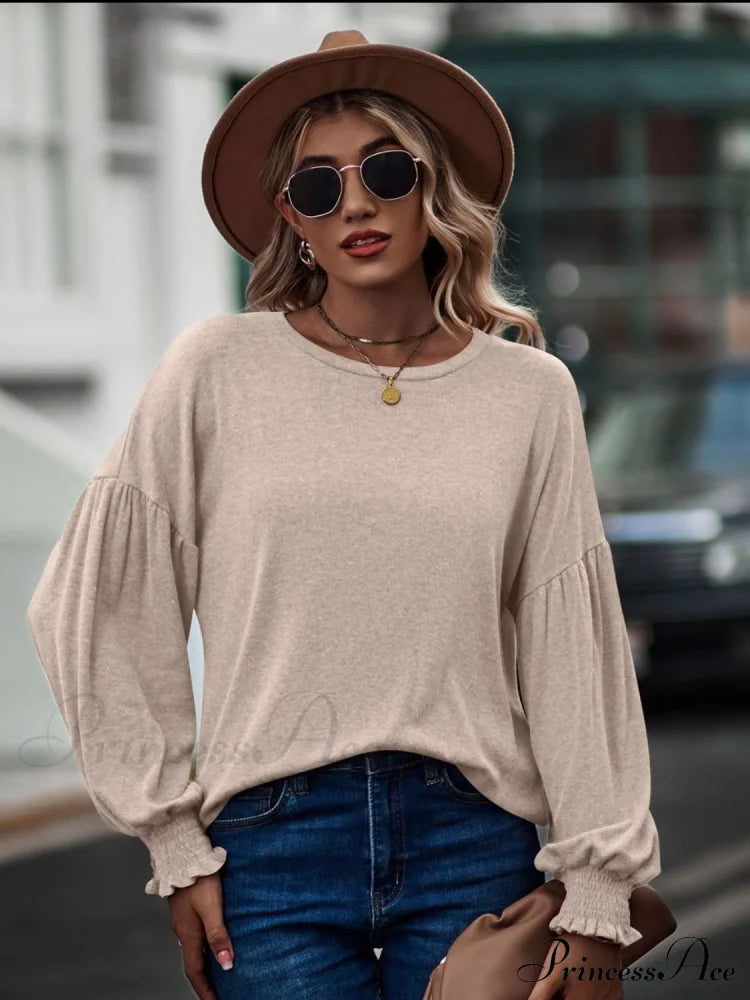 Round Neck Dropped Shoulder Flounce Sleeve T-Shirt Sand clothes D&Yi long sleeve shirts long sleeve top Ship From Overseas Shipping Delay 09/29/2023 - 10/04/2023 top tops trend