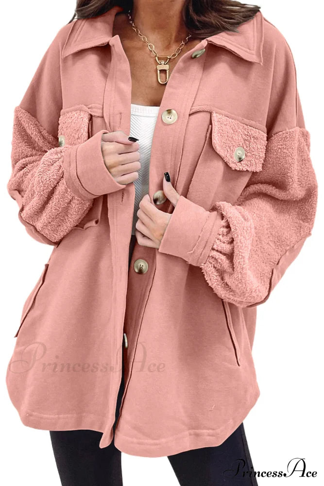 With Oversized Seam Blossom Exposed Peach Shacket Elbow Patch Outerwear