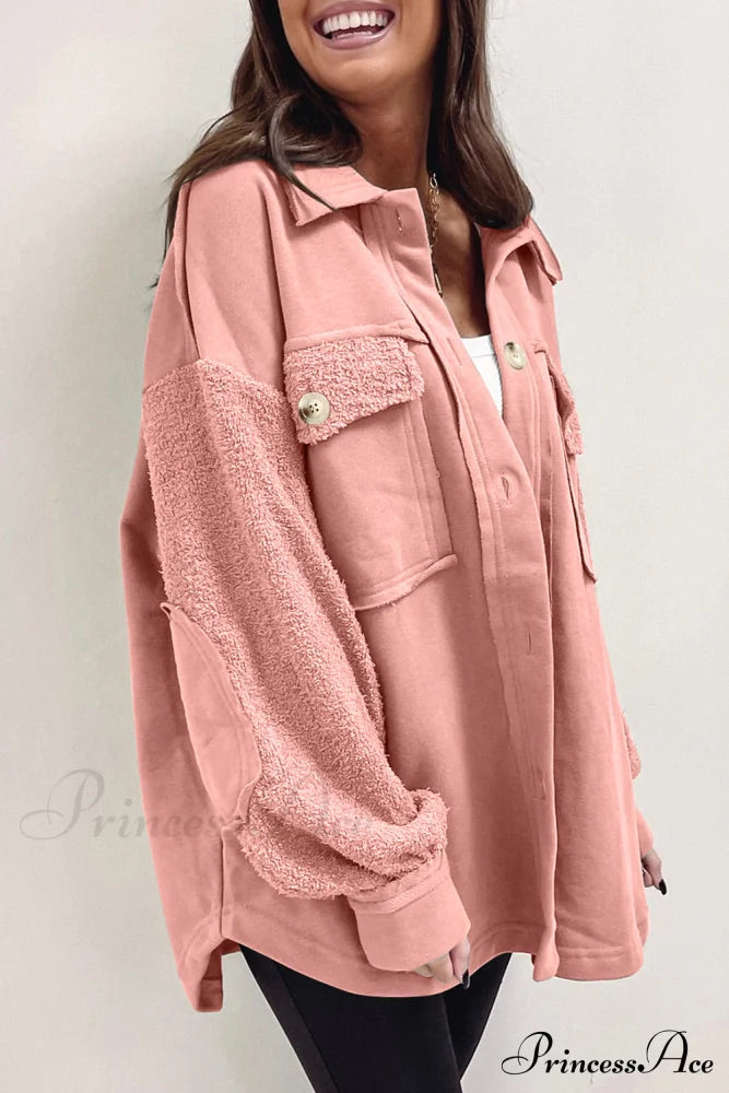 With Oversized Seam Blossom Exposed Peach Shacket Elbow Patch Outerwear