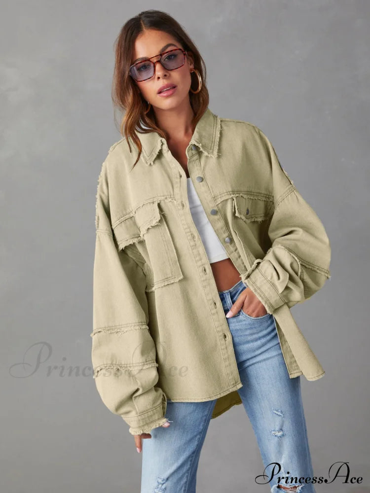 Dropped Shoulder Raw Hem Jacket Cream clothes Denim Jacket Jacket long sleeve top Outerwear Ship From Overseas Shipping Delay 09/29/2023 - 10/02/2023 X@Y@K