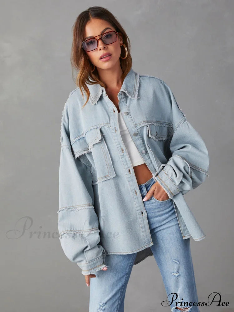 Dropped Shoulder Raw Hem Jacket Misty Blue clothes Denim Jacket Jacket long sleeve top Outerwear Ship From Overseas Shipping Delay 09/29/2023 - 10/02/2023 X@Y@K