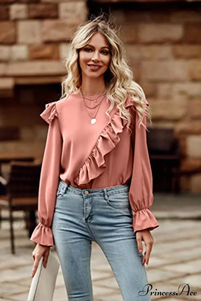 Ruffled Round Neck Long Sleeve Top Coral A@X@E blouses clothes long sleeve shirt Ship From Overseas Shipping Delay 09/29/2023 - 10/04/2023 shirts tops