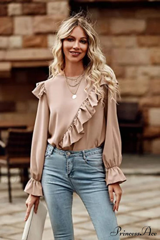 Ruffled Round Neck Long Sleeve Top Tan A@X@E blouses clothes long sleeve shirt Ship From Overseas Shipping Delay 09/29/2023 - 10/04/2023 shirts tops