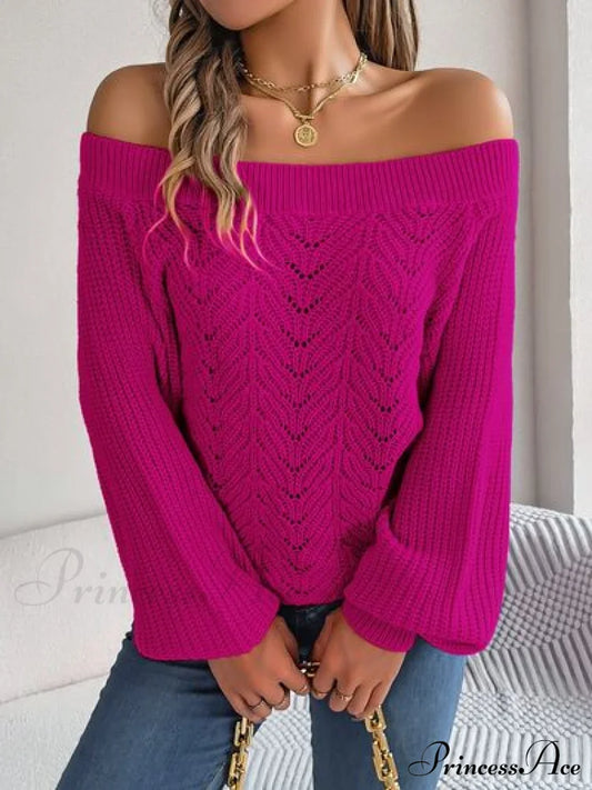 Openwork Off-Shoulder Long Sleeve Sweater Cerise B.J.S clothes long sleeve tops Ship From Overseas Sweater sweaters tops Tops/Blouses