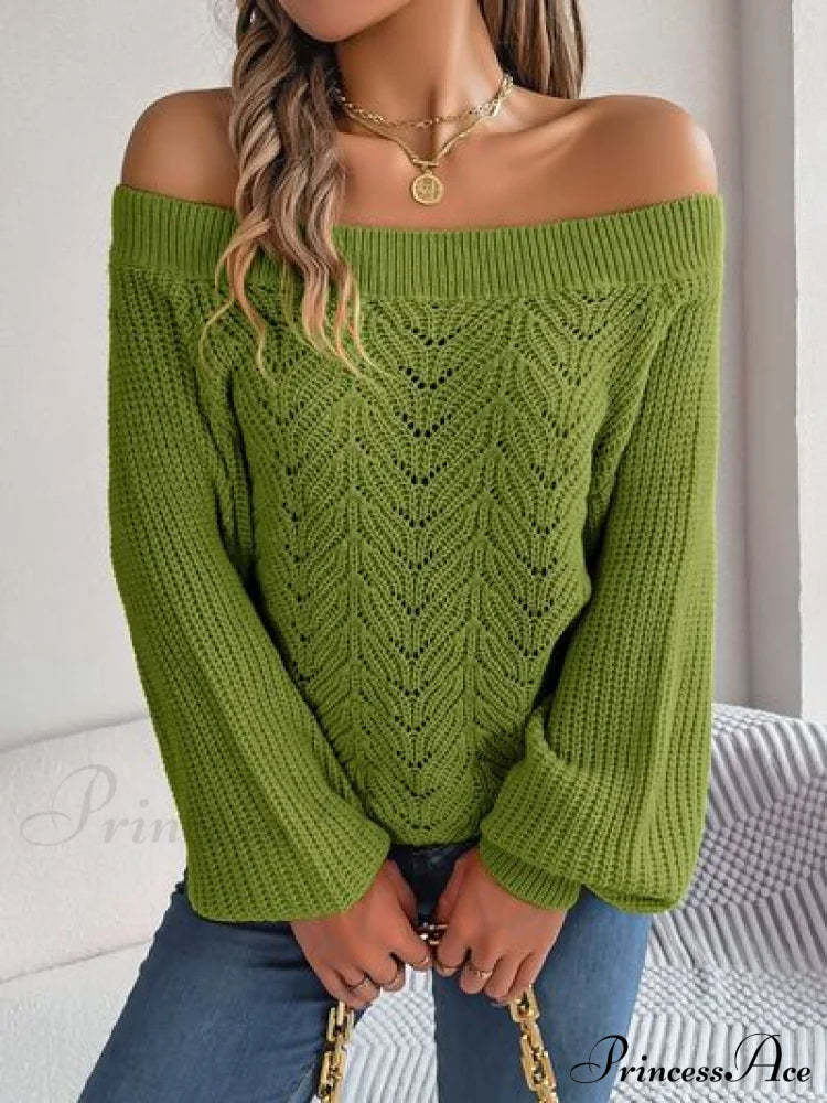 Openwork Off-Shoulder Long Sleeve Sweater Moss B.J.S clothes long sleeve tops Ship From Overseas Sweater sweaters tops Tops/Blouses