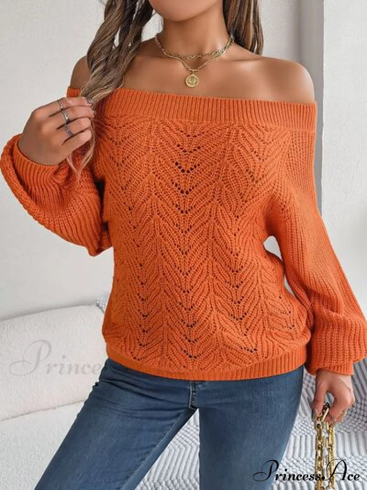 Openwork Off-Shoulder Long Sleeve Sweater Pumpkin B.J.S clothes long sleeve tops Ship From Overseas Sweater sweaters tops Tops/Blouses