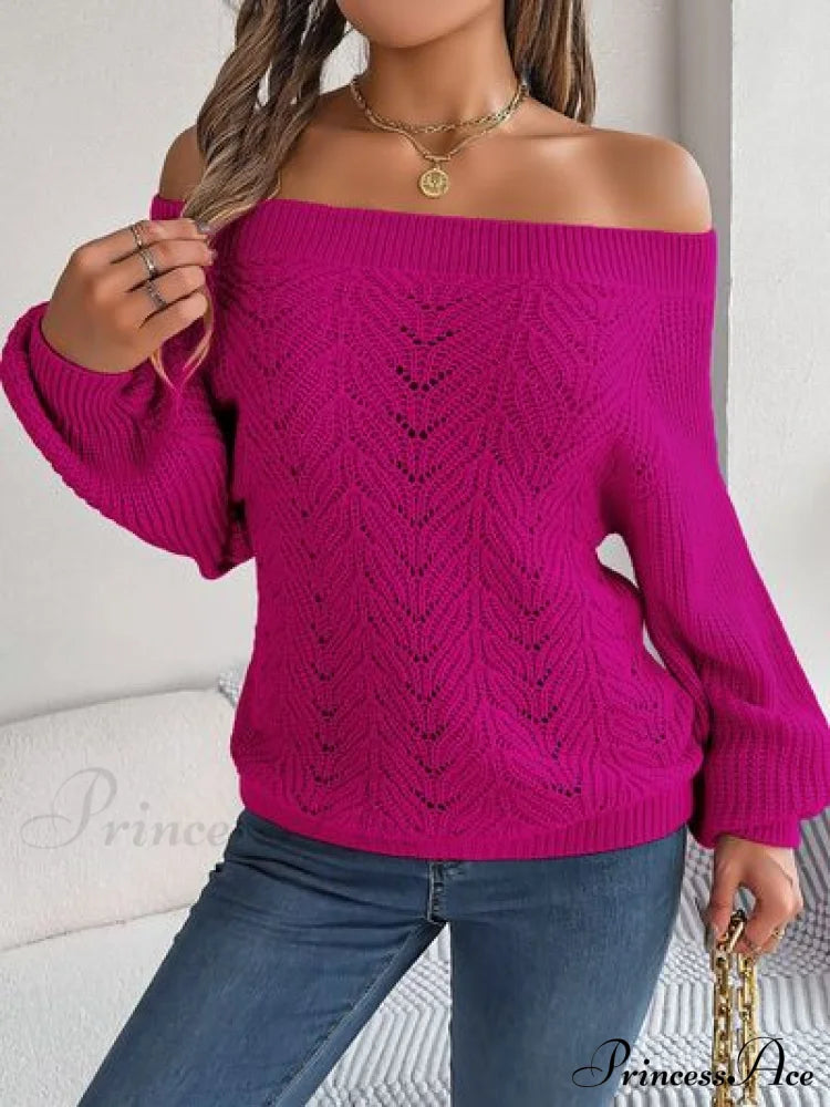 With Sweater Arm Long Openwork Off-Shoulder Design Sweaters-L