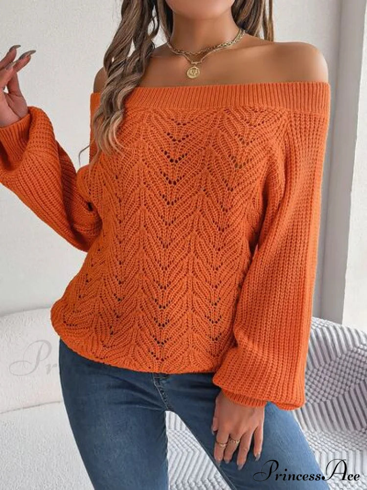 With Sweater Arm Long Openwork Off-Shoulder Design Sweaters-L