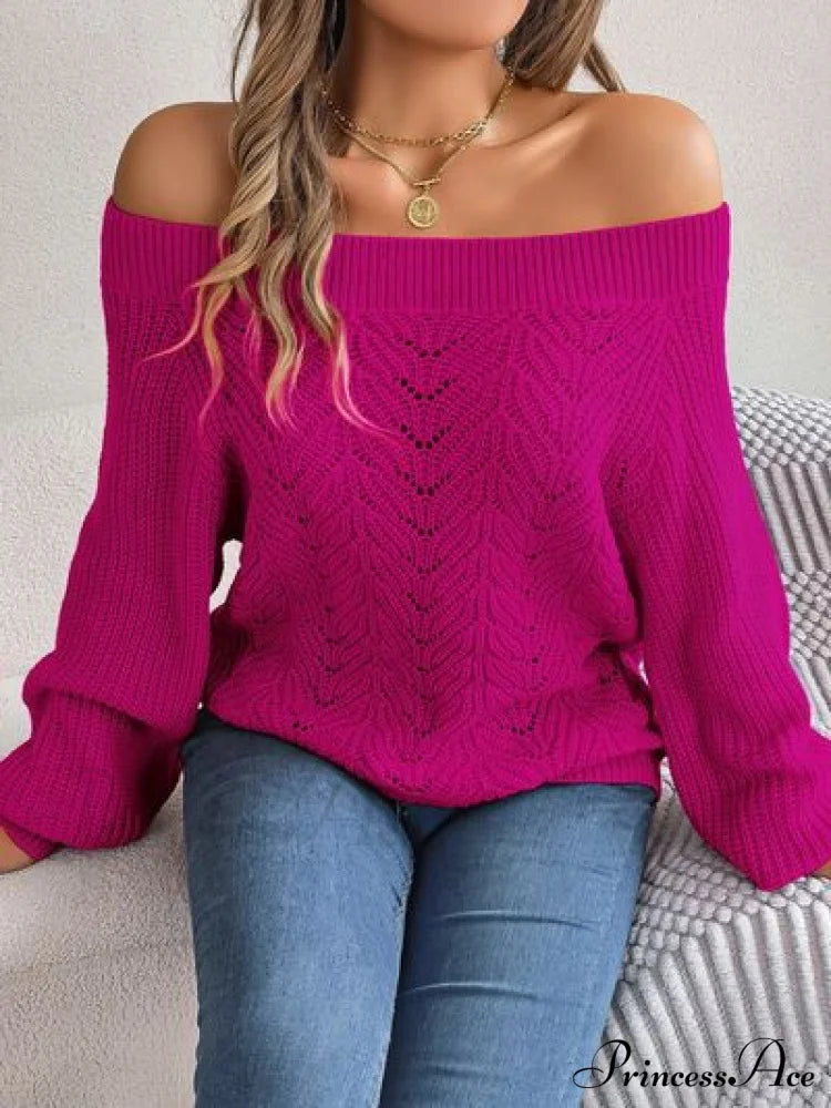 With Sweater Arm Long Openwork Off-Shoulder Design Sweaters-L