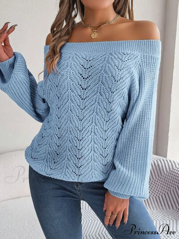 With Sweater Arm Long Openwork Off-Shoulder Design Sweaters-L