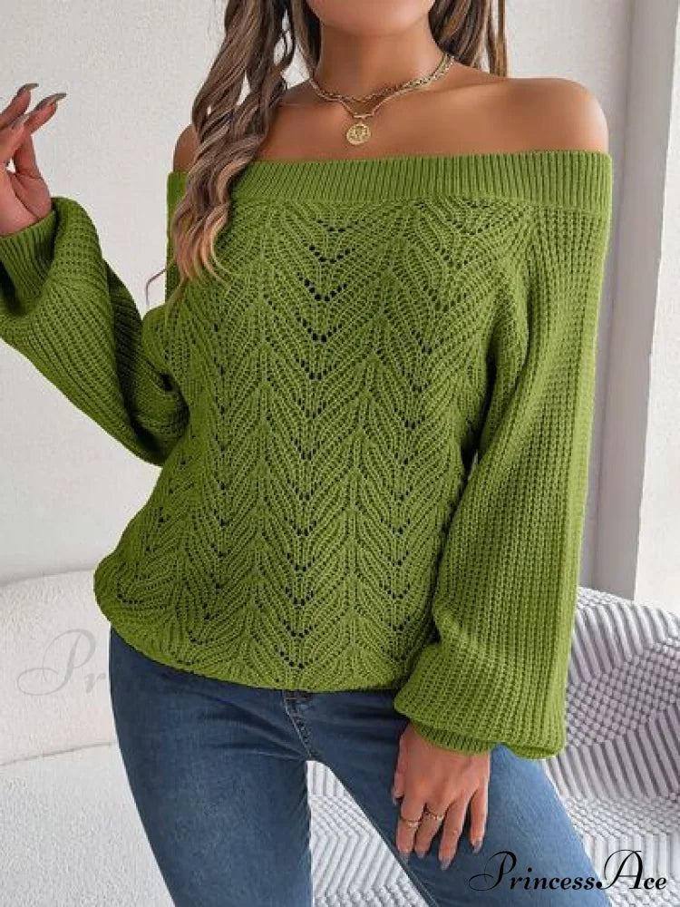 With Sweater Arm Long Openwork Off-Shoulder Design Sweaters-L