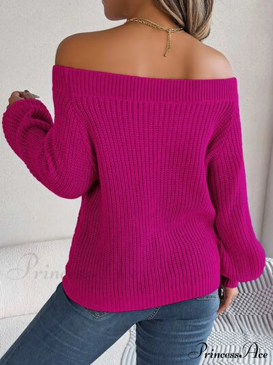 With Sweater Arm Long Openwork Off-Shoulder Design Sweaters-L