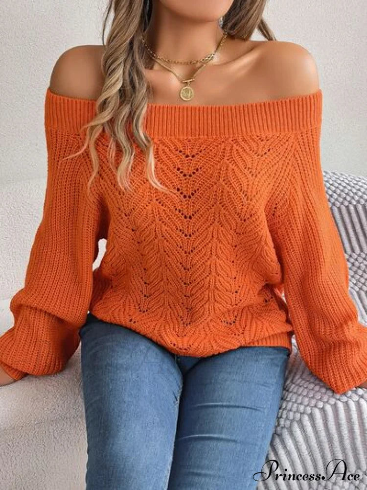 With Sweater Arm Long Openwork Off-Shoulder Design Sweaters-L