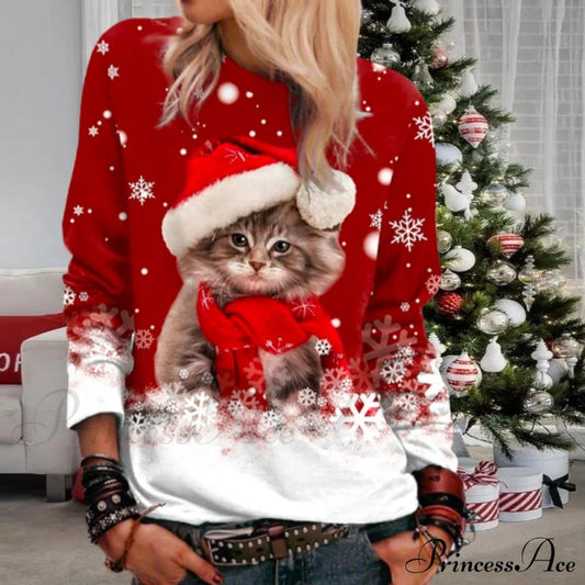 With T-Shirt Christmas Cat Print Blouses