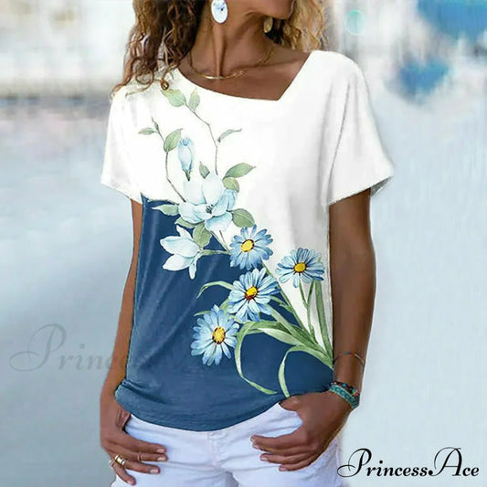 Floral Print Contrast T-Shirt Blue best Best Sellings clothes Plus Size Sale tops Topseller