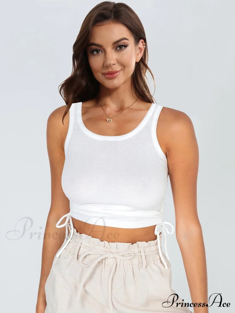 Drawstring Ruched Round Neck Tank White clothes crop top croptop MDML Ship From Overseas Shipping Delay 09/29/2023 - 10/02/2023 shirt shirts short sleeve top tops trend