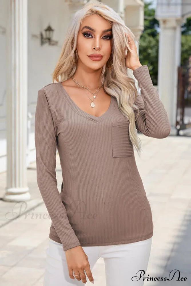With V-Neck Blouse Arm Long Pocket