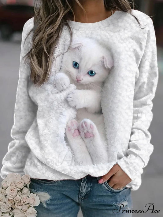 With Women’s And Pullover Long Street Cat White Neck Round Sweatshirt Sleeves / S