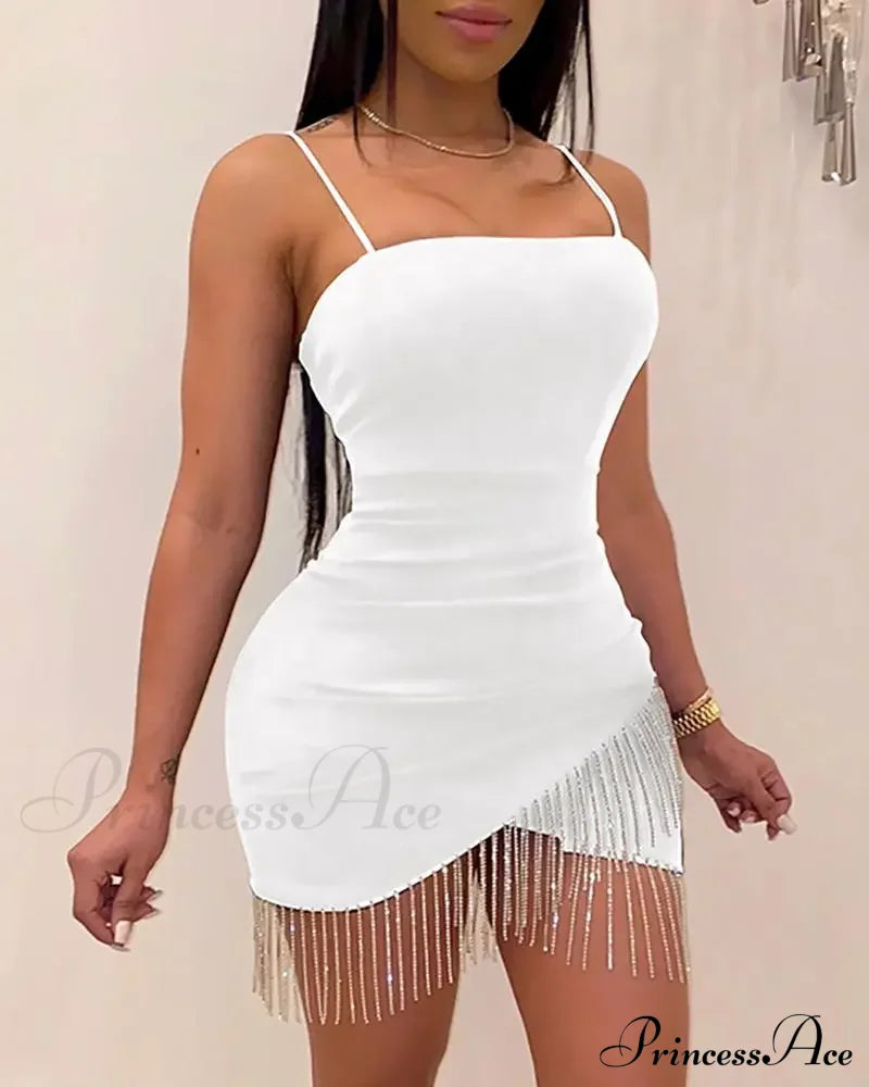 Woman Party Night Birthday Tassel Split Sleeveless Bodycon Mini Dress