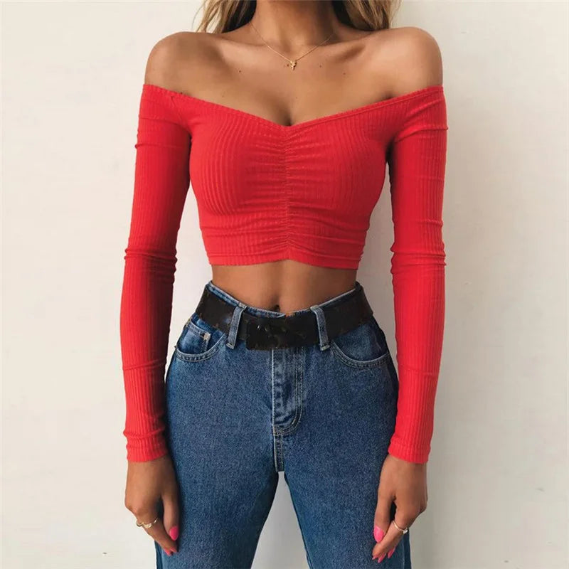 Sexy Club Fashion Off Shoulder Solid Color Autumn Crop Top