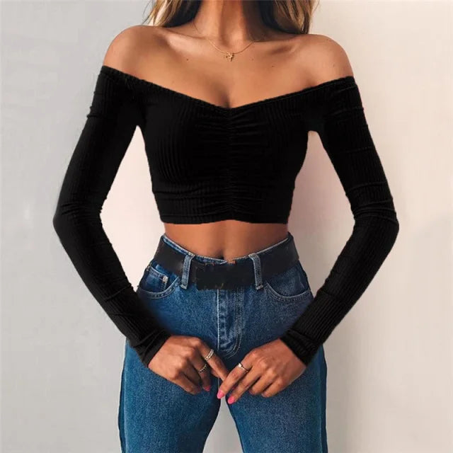 Sexy Club Fashion Off Shoulder Solid Color Autumn Crop Top