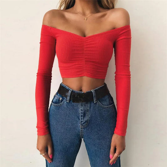 Sexy Club Fashion Off Shoulder Solid Color Autumn Crop Top