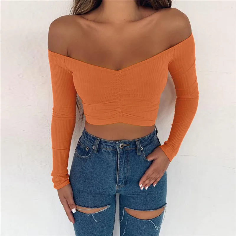 Sexy Club Fashion Off Shoulder Solid Color Autumn Crop Top