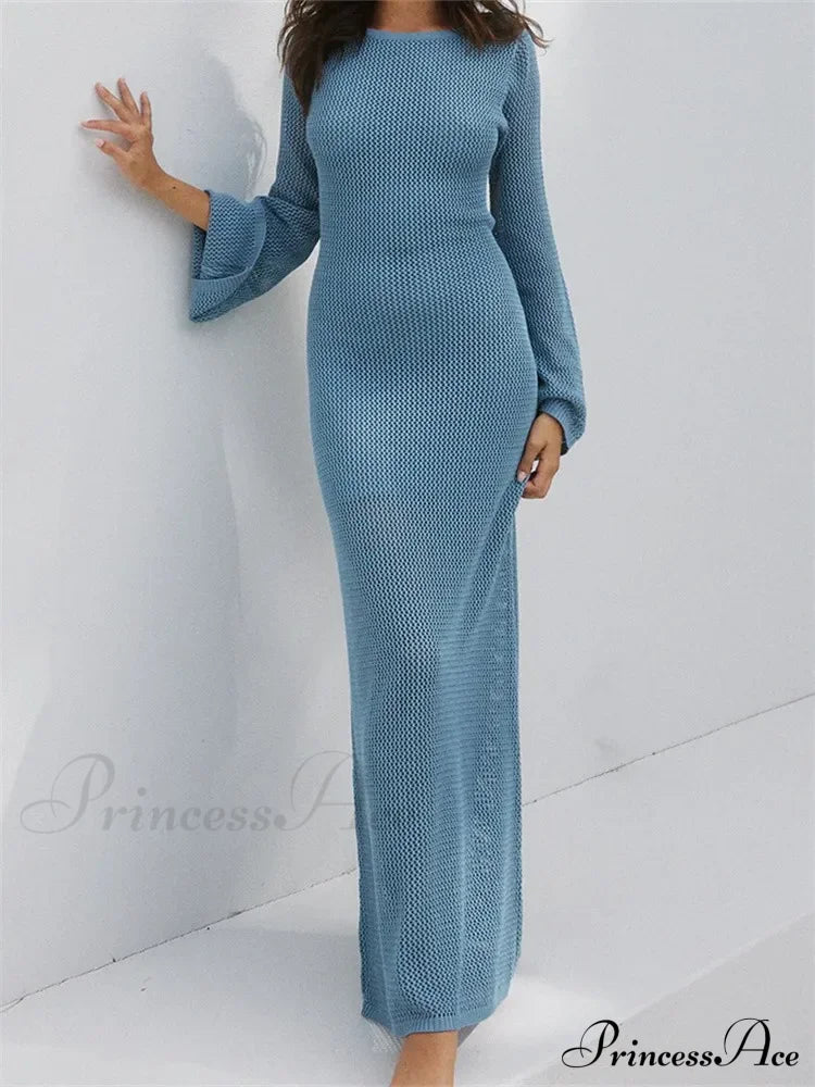 Women Autumn Knitted Solid Sleeve Round Neck Backless Tie-Up Slim Party Beach Female Vestidos