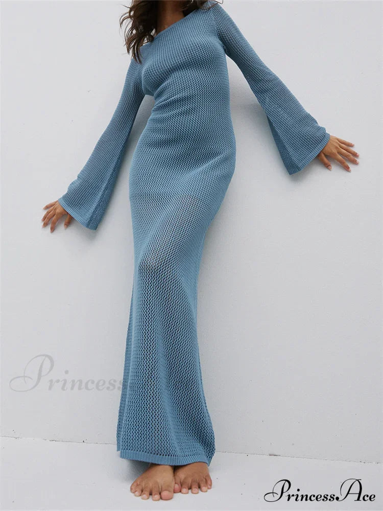 Women Autumn Knitted Solid Sleeve Round Neck Backless Tie-Up Slim Party Beach Female Vestidos