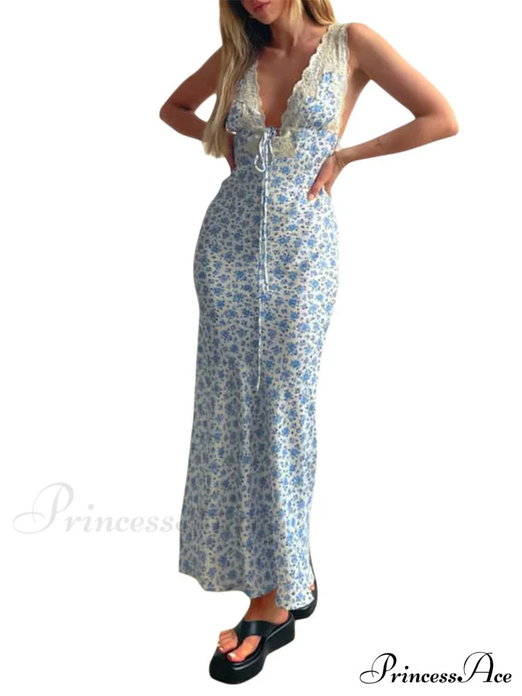 Women Backless Sexy Floral Print Sleeveless Lace V-Neck Cocktail Slim Spaghetti Strap Vestidos Party