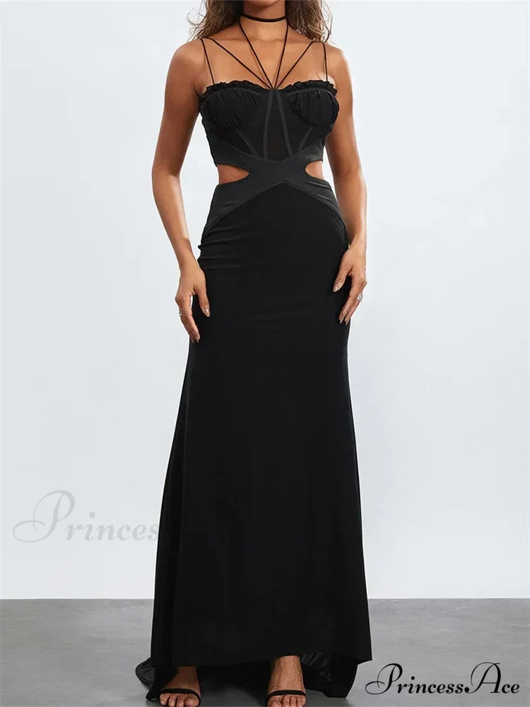 Women Black Halter Sleeveless Slim Waist Hollow Out Spaghetti Strap Evening Summer Female Vestidos