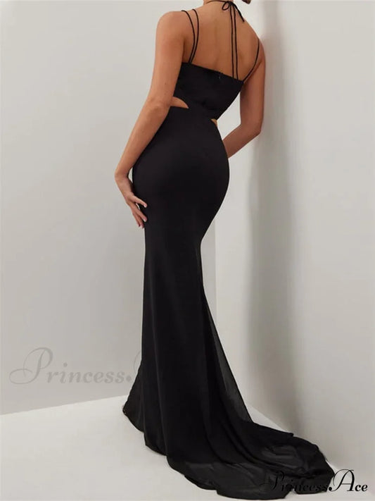 Women Black Halter Sleeveless Slim Waist Hollow Out Spaghetti Strap Evening Summer Female Vestidos