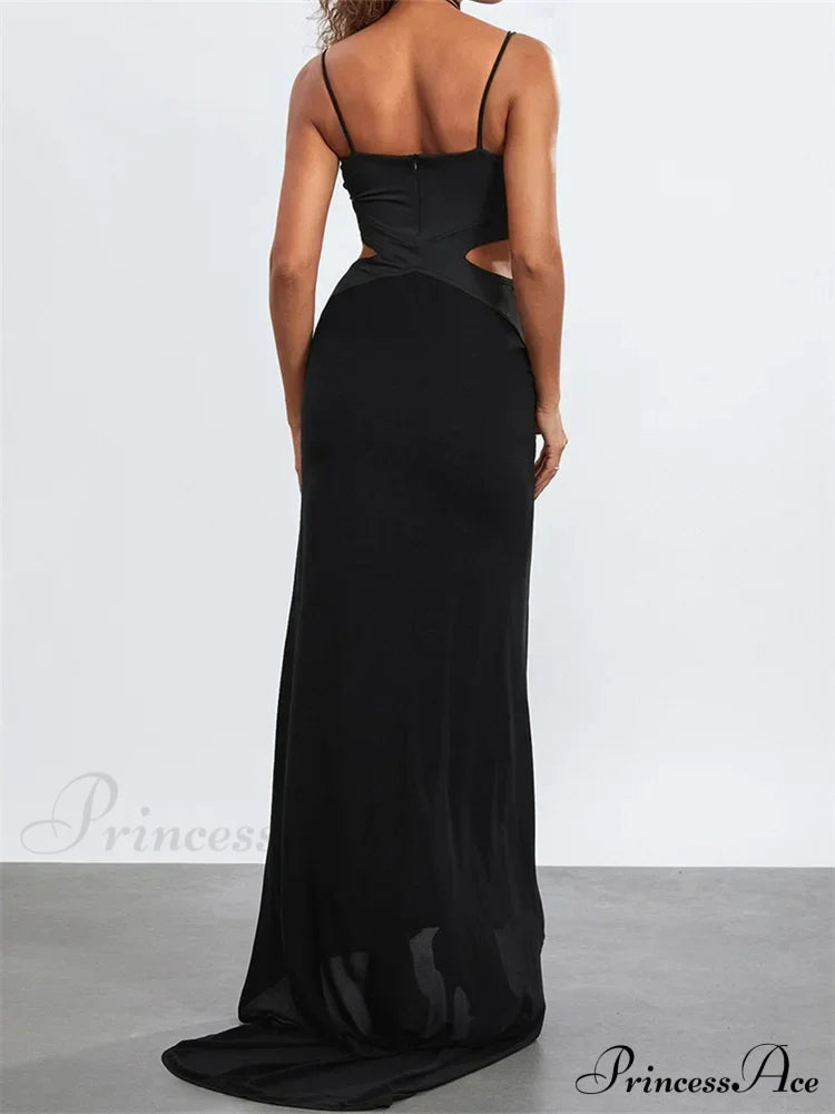 Women Black Halter Sleeveless Slim Waist Hollow Out Spaghetti Strap Evening Summer Female Vestidos