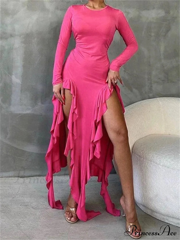 Women Bodycon Fashion Sleeve Solid Color High Split Ruffles Ruched Party Female Vestidos