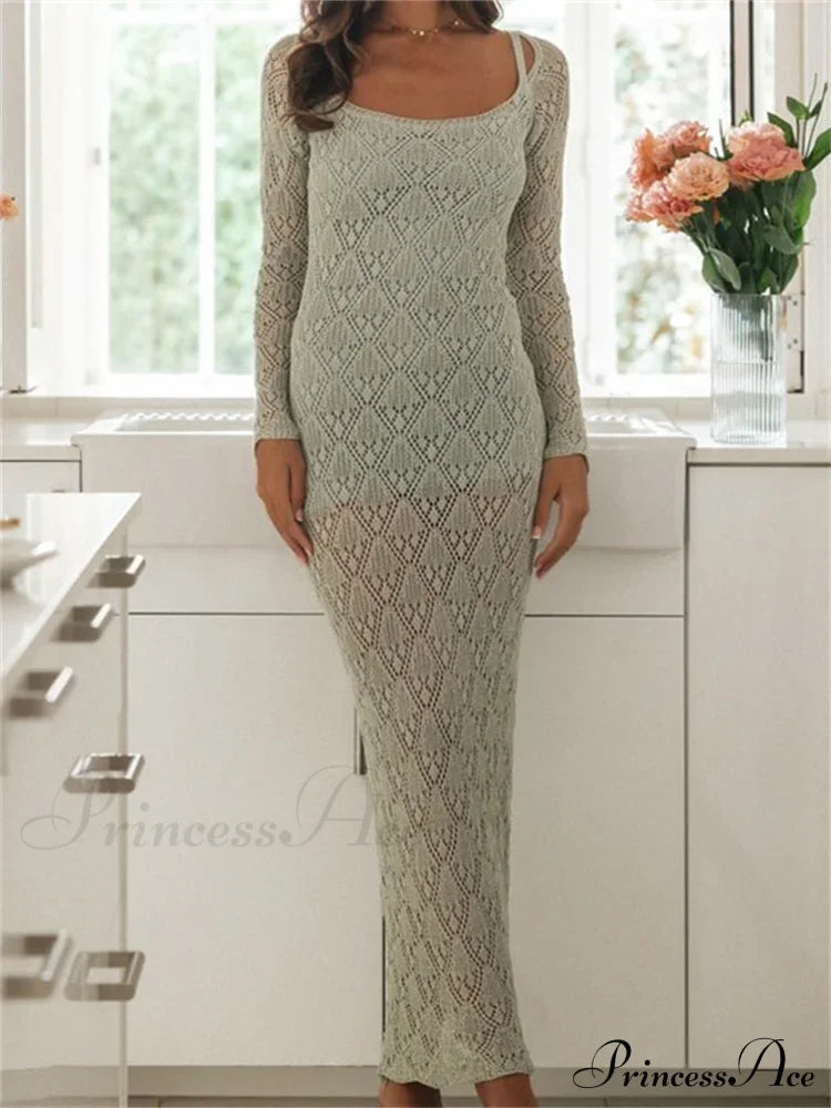 Women Bodycon Lace See Through Hollow Out O-Neck Sleeve Back Split Party Female Vestidos