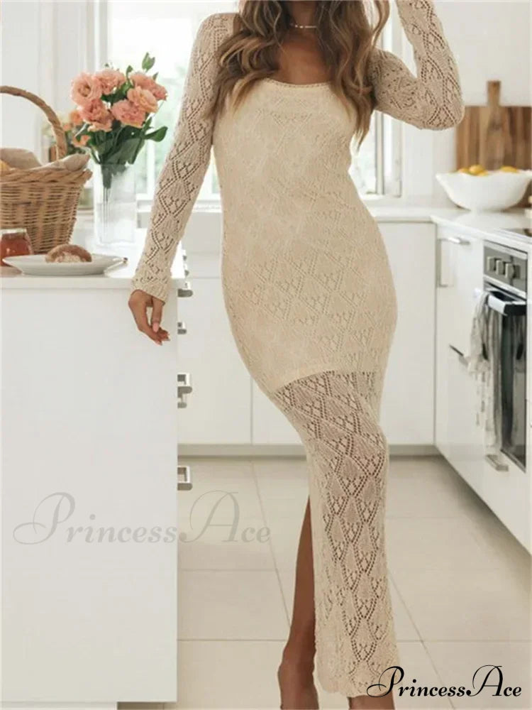 Women Bodycon Lace See Through Hollow Out O-Neck Sleeve Back Split Party Female Vestidos