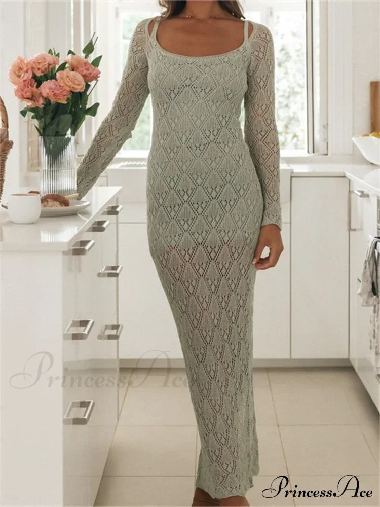 Women Bodycon Lace See Through Hollow Out O-Neck Sleeve Back Split Party Female Vestidos