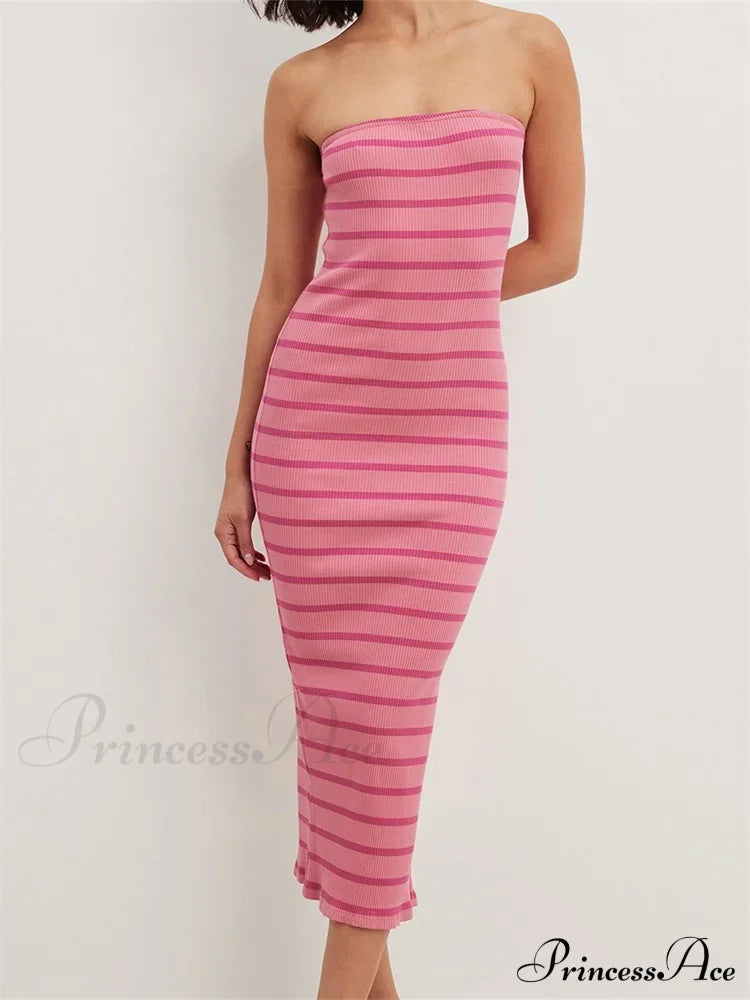 Women Bodycon Striped Strapless Off Shoulder Backless Tube Summer Split Knitted Party Vestidos