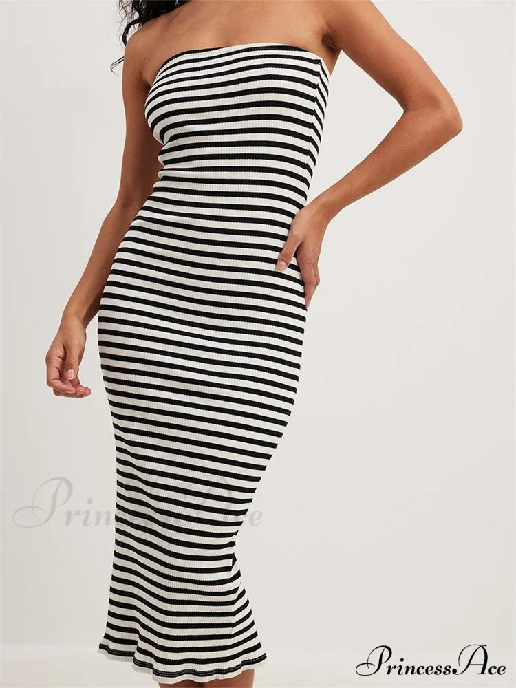 Women Bodycon Striped Strapless Off Shoulder Backless Tube Summer Split Knitted Party Vestidos