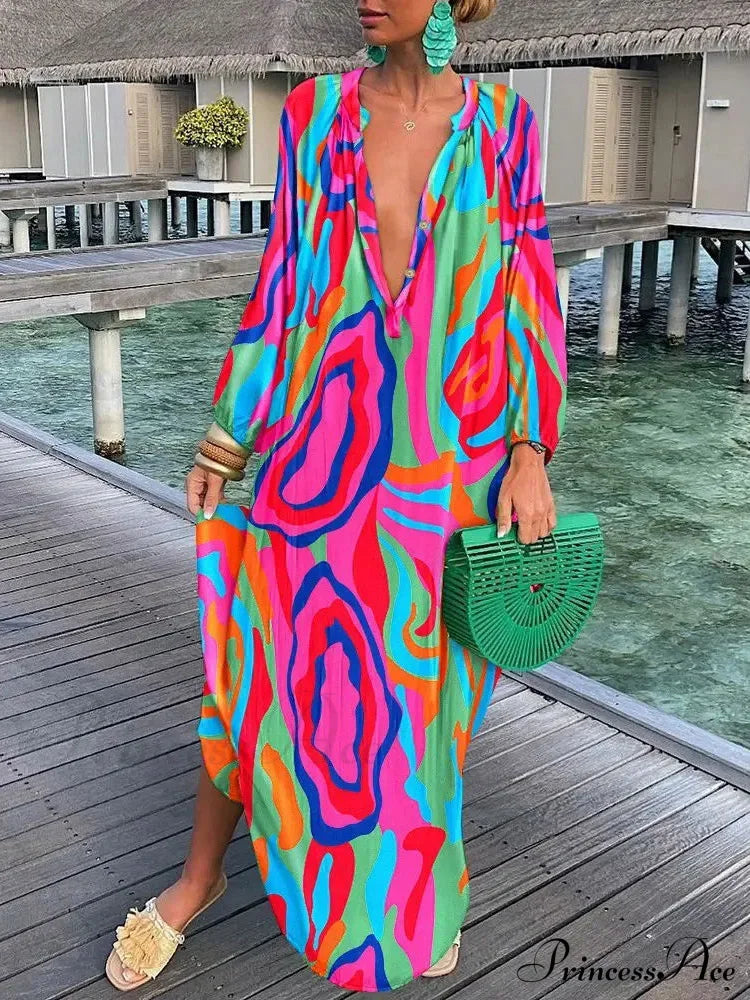 Women Boho Print Long Sleeve Maxi Dress