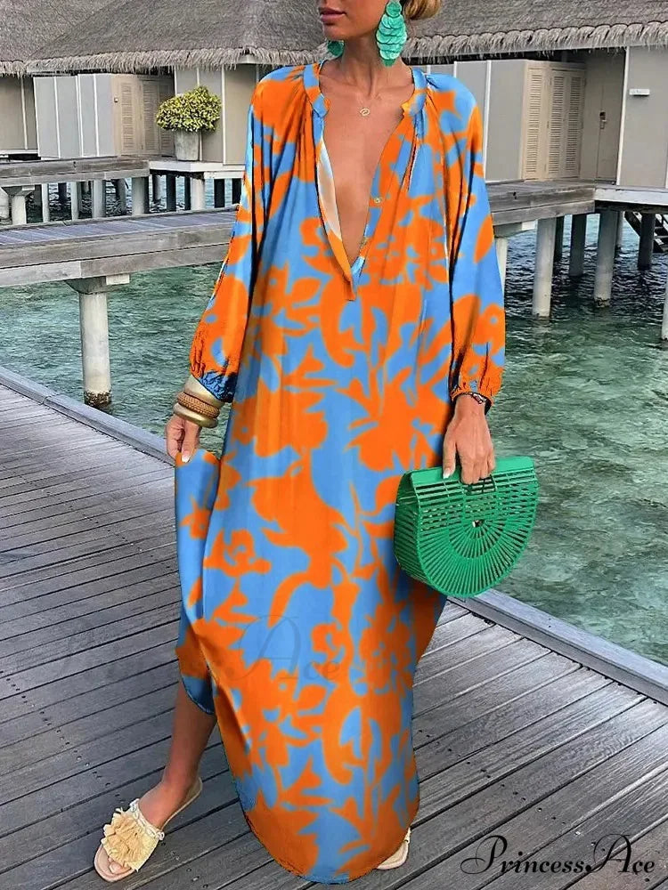 Women Boho Print Long Sleeve Maxi Dress